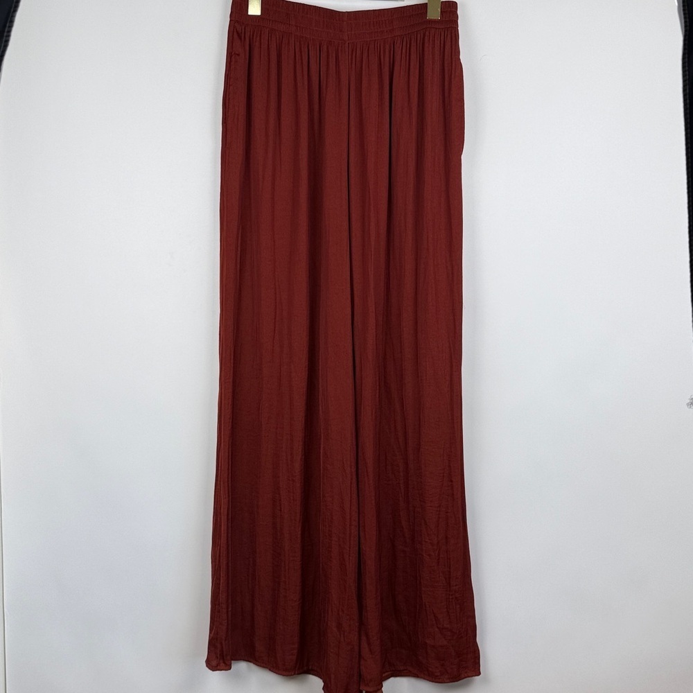 Zara Terracotta Orange Flowy Wide Leg Silky Satin Stretchy Pants Size Medium - Picture 2 of 10